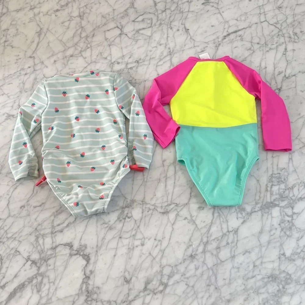 Girl's Size 18 Mo LS Swim Suit Bundle Neon Colorblock Strawberry